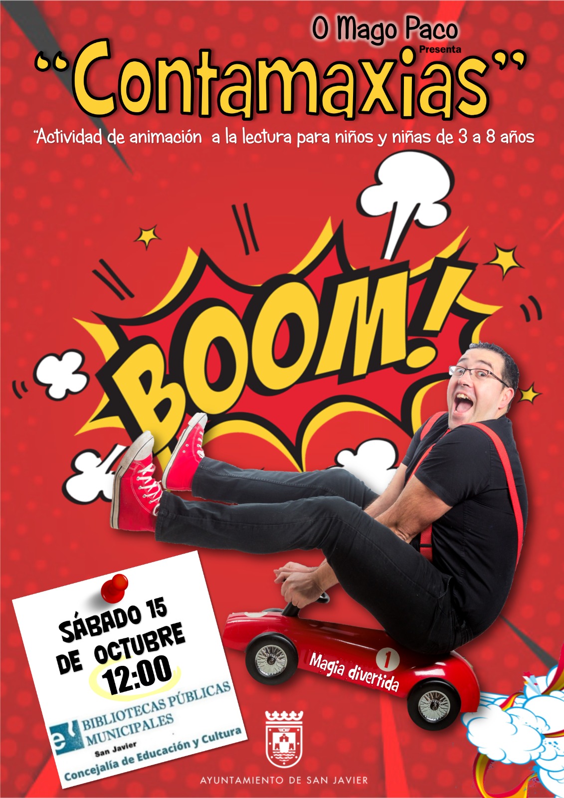 Sábado 15 de octubre a las 12:00 horas en la Biblioteca de San Javier. Contamaxia, espectáculo de magia y animación a la lectura recomendado para familias con niños de 3 a 8 años.