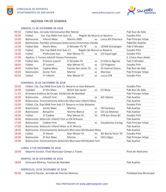 Agenda deportiva del fin de semana 15-16 diciembre 2018