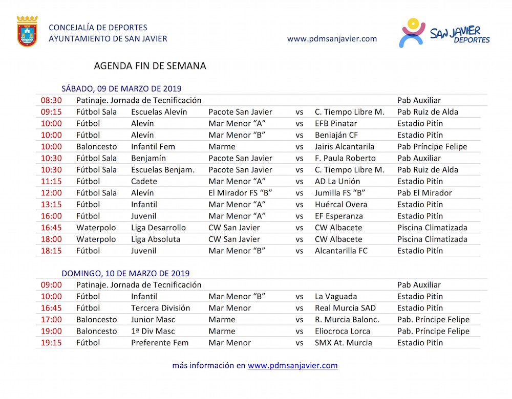 Agenda deportiva del fin de semana 9-10 de marzo