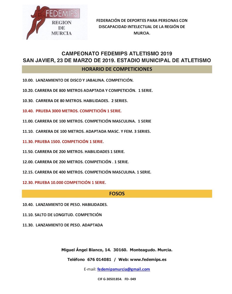 Deporte Adaptado. Cto Regional de Atletismo Fedemips 2019