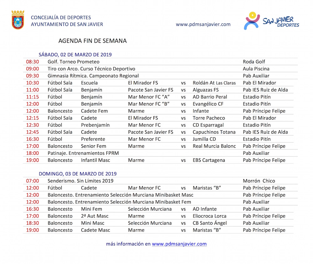 Agenda Deportiva del fin de semana 02-03 de marzo de 2019